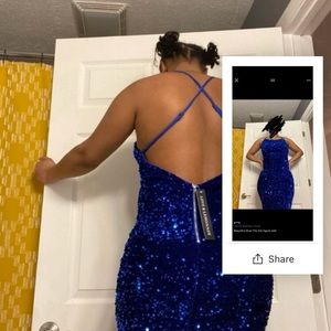 Blue sequin dress. Backless.floor length.